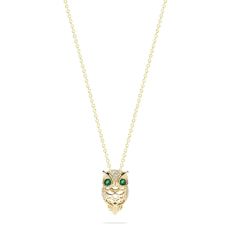 personalized gemstone pendant necklace for girls-Safari 14K Yellow Gold Emerald and Diamond Owl Pendant, 0.18 TCW