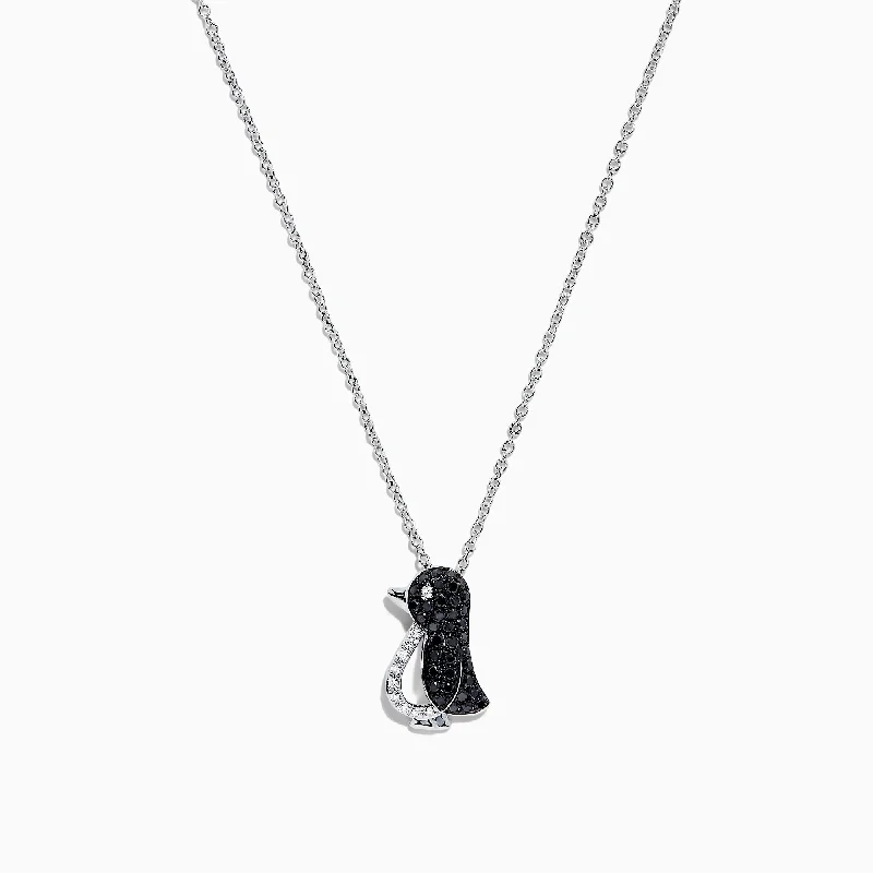 personalized charm pendant for mom’s birthday-Safari Sterling Silver Black and White Diamond Penguin Pendant, 0.31 TCW