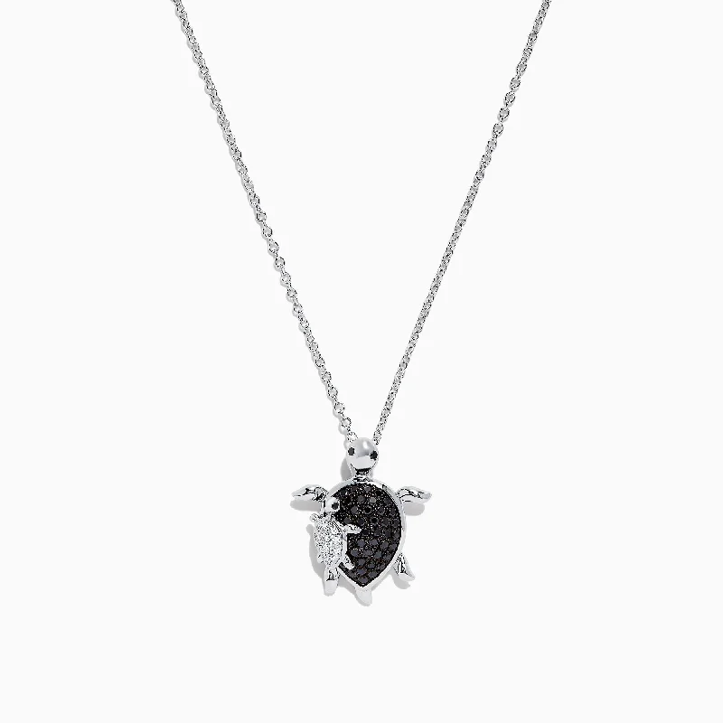 custom gemstone pendant necklace for couples-Safari Sterling Silver Black and White Diamond Turtle Pendant, 0.32 TCW