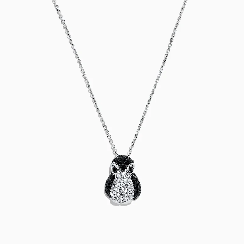 simple silver pendant necklace for men with initials-Safari Sterling Silver Diamond and Black Sapphire Penguin Pendant, 1.03 TCW