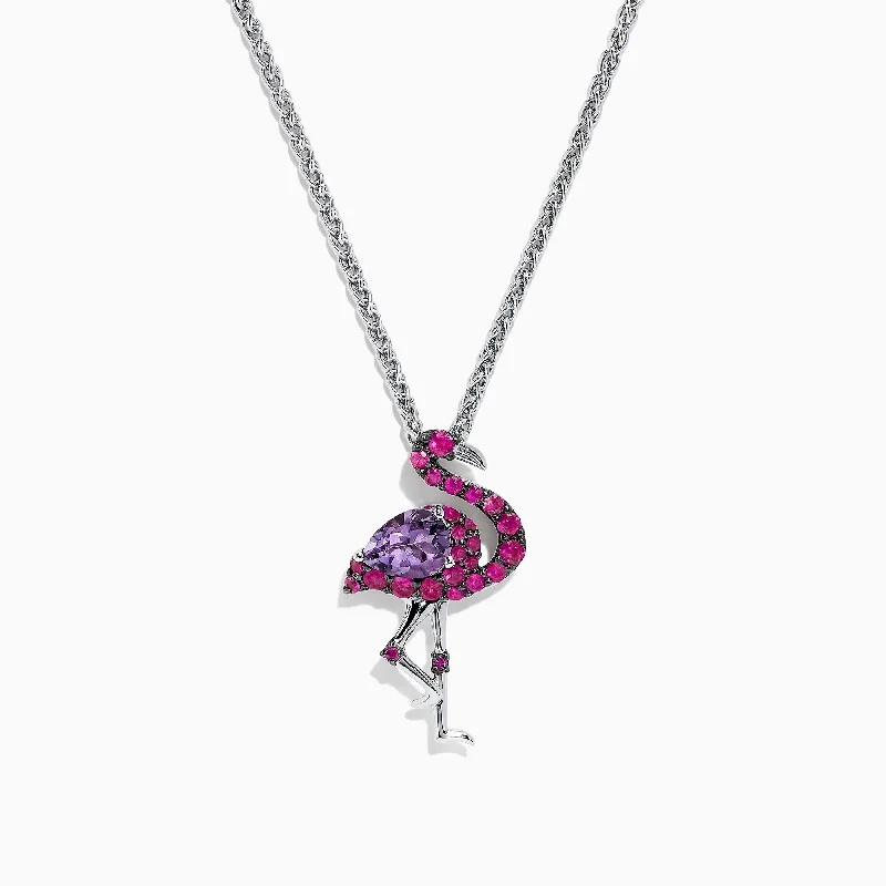 handmade charm pendant necklace for her-Safari Sterling Silver Pink Sapphire and Amethyst Flamingo Pendant, 1.88 TCW