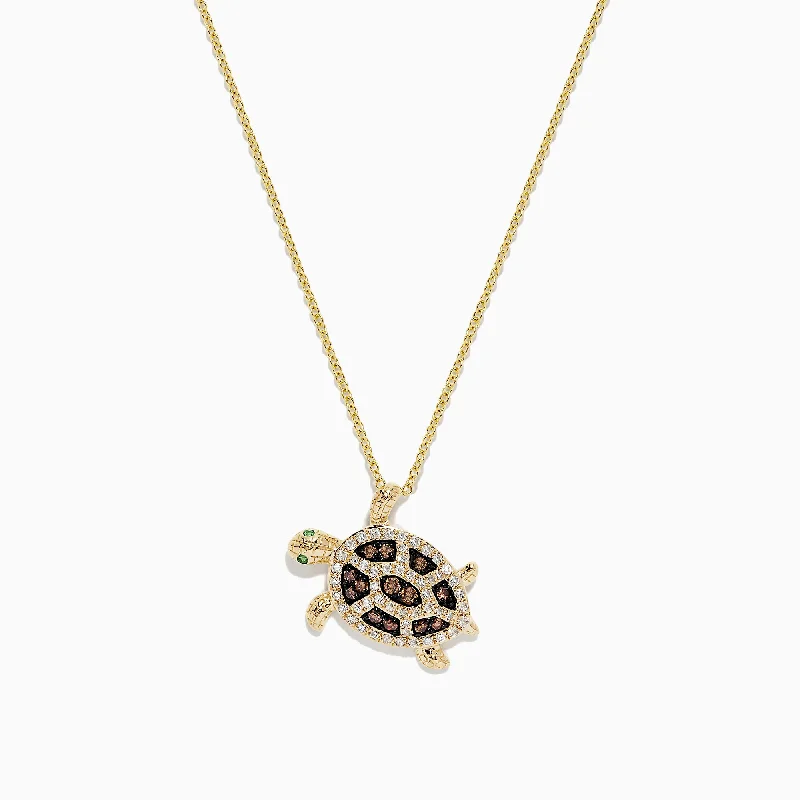 gold pendant necklace with custom engraving for men-Seaside 14K Gold Espresso & White Diamond Turtle Pendant, 0.42 TCW