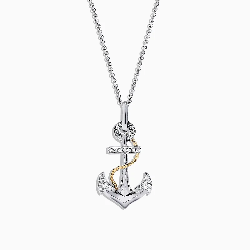 custom engraved bar necklace for anniversary-Seaside 14K Two Tone Gold Diamond Anchor Pendant, 0.18 TCW