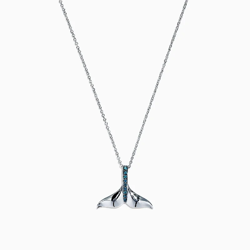 custom pendant necklace with gemstone and engraving-Seaside 14K White Gold Blue Diamond Whale's Tail Pendant, 0.05 TCW