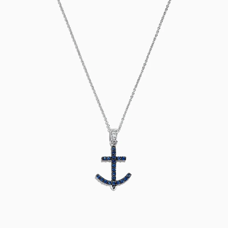 custom pendant necklace with quote for friends-Seaside 14K White Gold Blue Sapphire and Diamond Anchor Pendant, 0.23 TCW