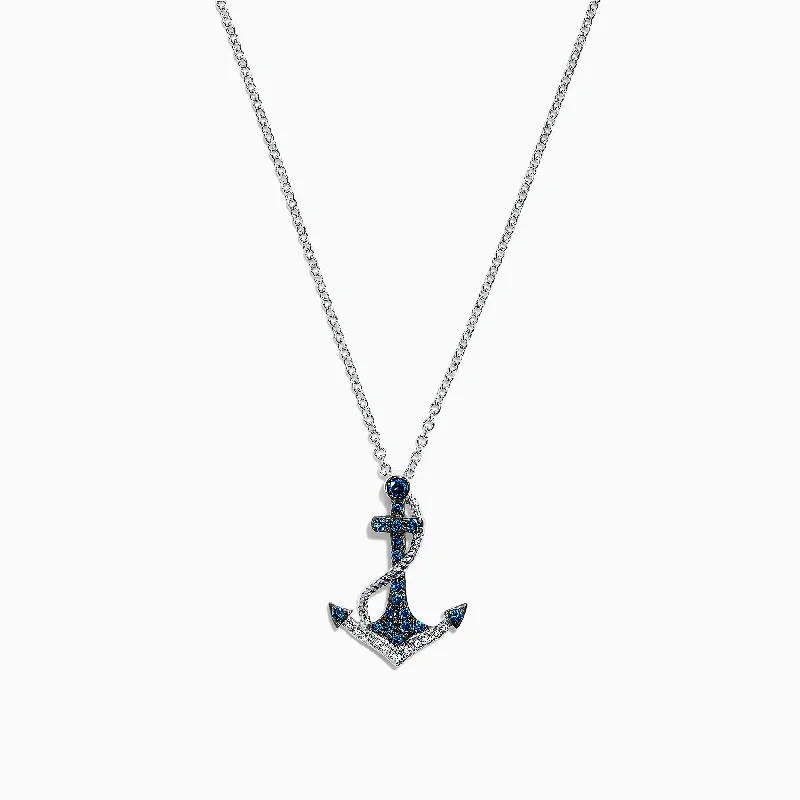 silver pendant necklace with personalized engraving-Seaside 14K White Gold Blue & White Diamond Anchor Pendant, 0.20 TCW