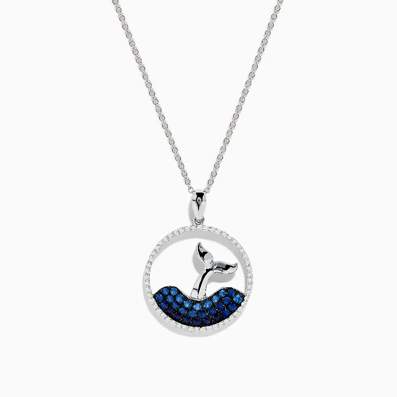 silver pendant necklace with engraved message for him-Seaside 14K White Gold Sapphire and Diamond Whale's Tail Pendant