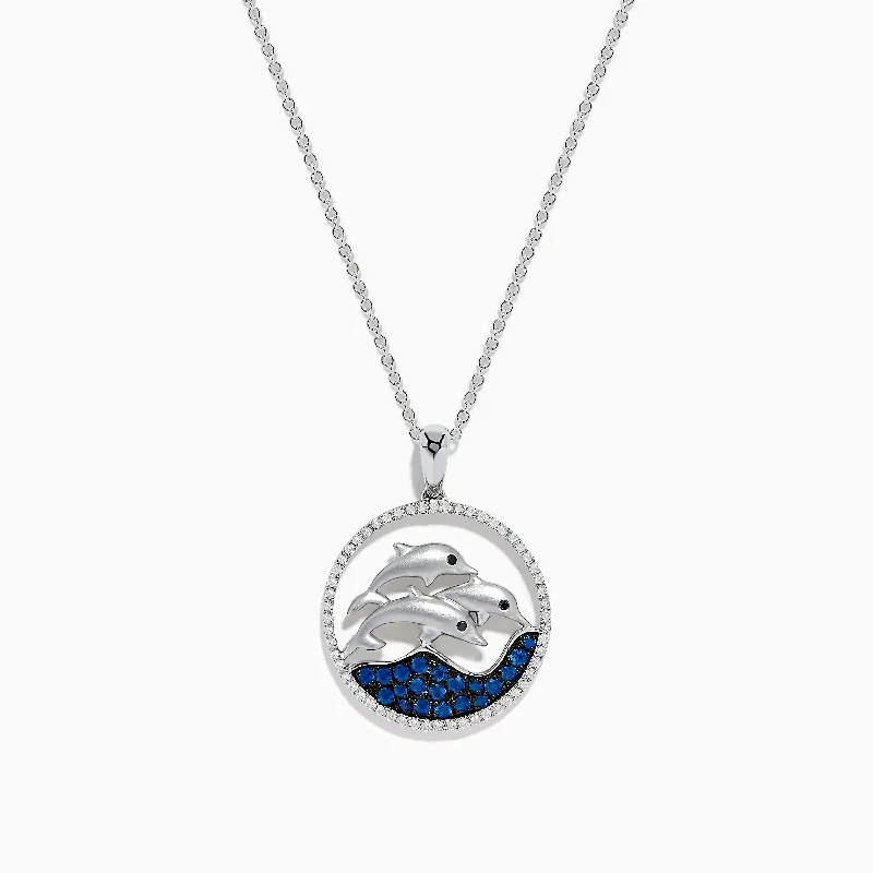 dainty gold initial pendant necklace-Seaside 14K White Gold Sapphire & Diamond Dolphins Pendant, 0.65 TCW