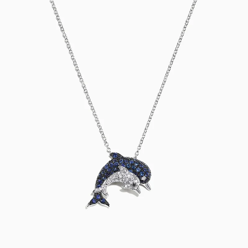 silver star and moon pendant necklace-Seaside 14K White Gold Sapphire & Diamond Dolphins Pendant, 0.71 TCW