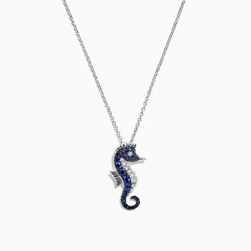 custom gemstone heart pendant necklace for wedding-Seaside 14K White Gold Sapphire & Diamond Seahorse Pendant, 0.78 TCW