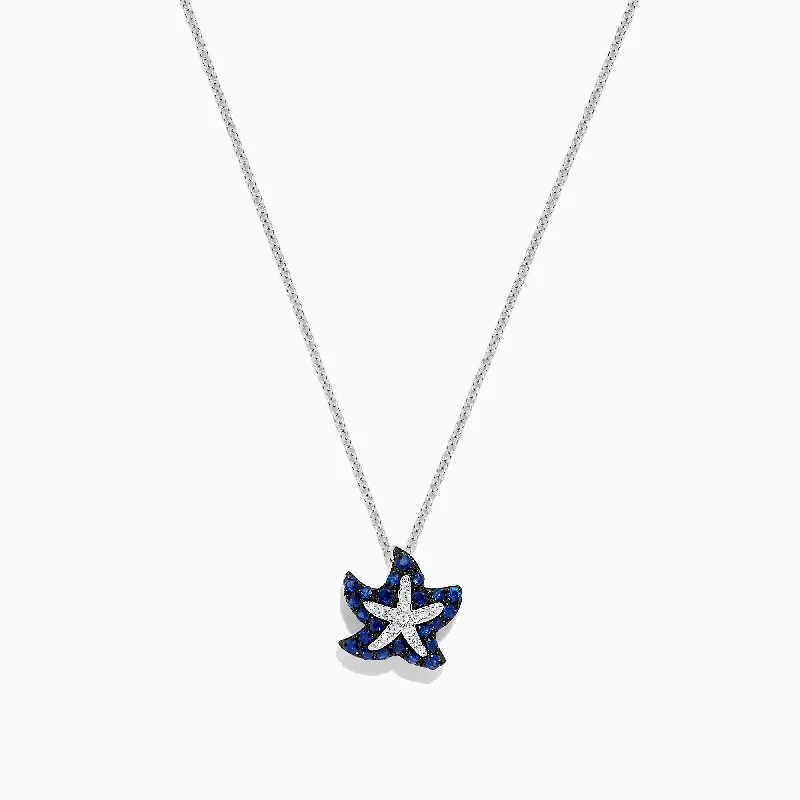 custom gemstone heart pendant necklace for wedding-Seaside 14K White Gold Sapphire & Diamond Starfish Pendant, 0.41 TCW