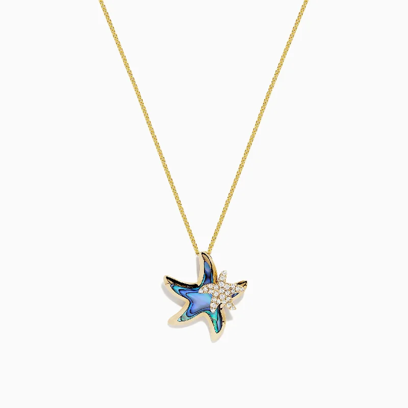 elegant crystal pendant necklace for men-Seaside 14K Yellow Gold Abalone and Diamond Starfish Pendant, 0.09 TCW