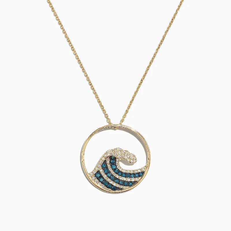 handmade moon pendant necklace for women-Seaside 14K Yellow Gold Blue & White Diamond Wave Pendant, 0.53 TCW