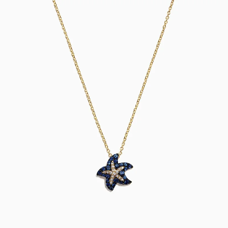 custom name pendant necklace for family-Seaside 14K Yellow Gold Sapphire & Diamond Starfish Pendant, 0.41 TCW