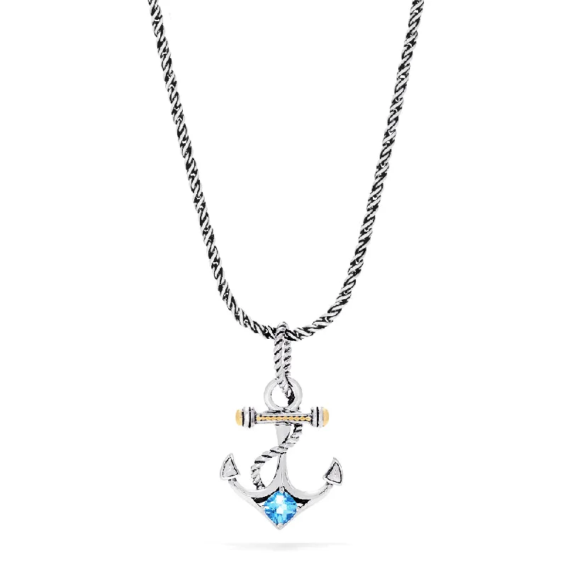 engraved pendant necklace for father’s day-Seaside Sterling Silver & 18K Gold Blue Topaz Anchor Pendant, 0.80 TCW