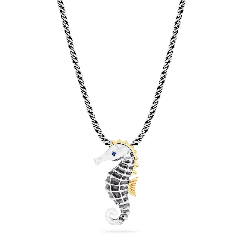 custom pendant necklace with family initials-Seaside Sterling Silver Sapphire and Diamond Seahorse Pendant