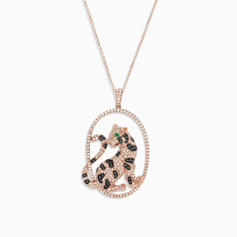 custom engraved heart-shaped necklace for anniversary-Signature 14K Rose Gold Diamond and Emerald Panther Pendant, 1.75 TCW