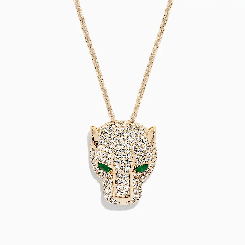 gold crystal heart pendant necklace-Signature 14K Yellow Gold Diamond & Emerald Panther Pendant, 3.23 TCW