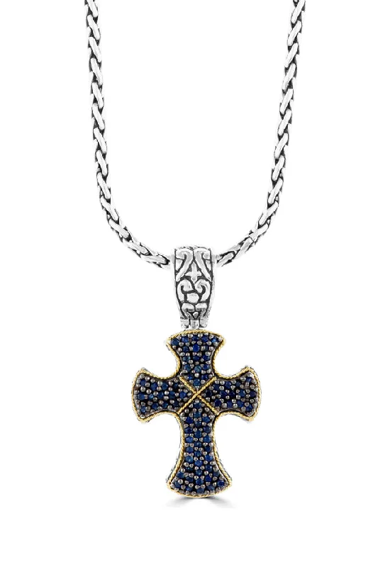 sterling silver nameplate necklace with charm pendant-Sterling Silver & 18K Gold Blue Sapphire Cross Pendant, 0.88 TCW