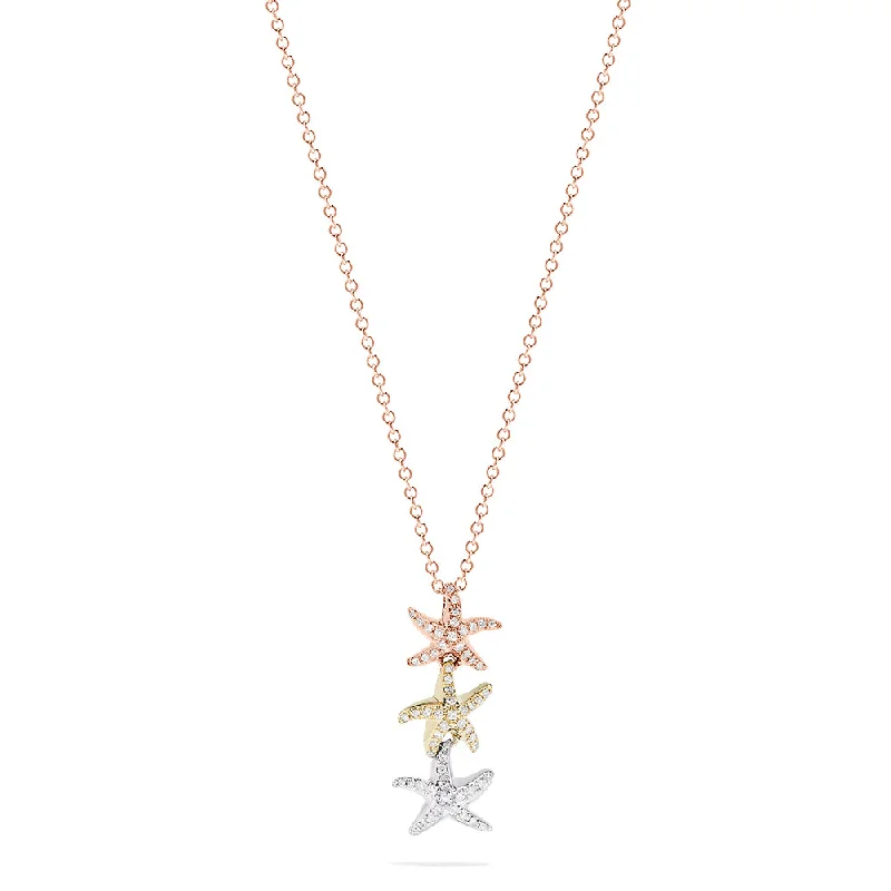 custom gold pendant necklace with initials-Seaside 14K Tri Color Gold Diamond Starfish Trio Pendant, 0.23 TCW