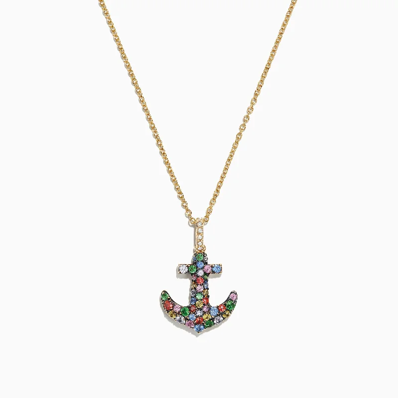 personalized crystal pendant necklace for birthday gift-Watercolors 14K Gold Multi Sapphire Diamond Anchor Pendant, 0.76 TCW