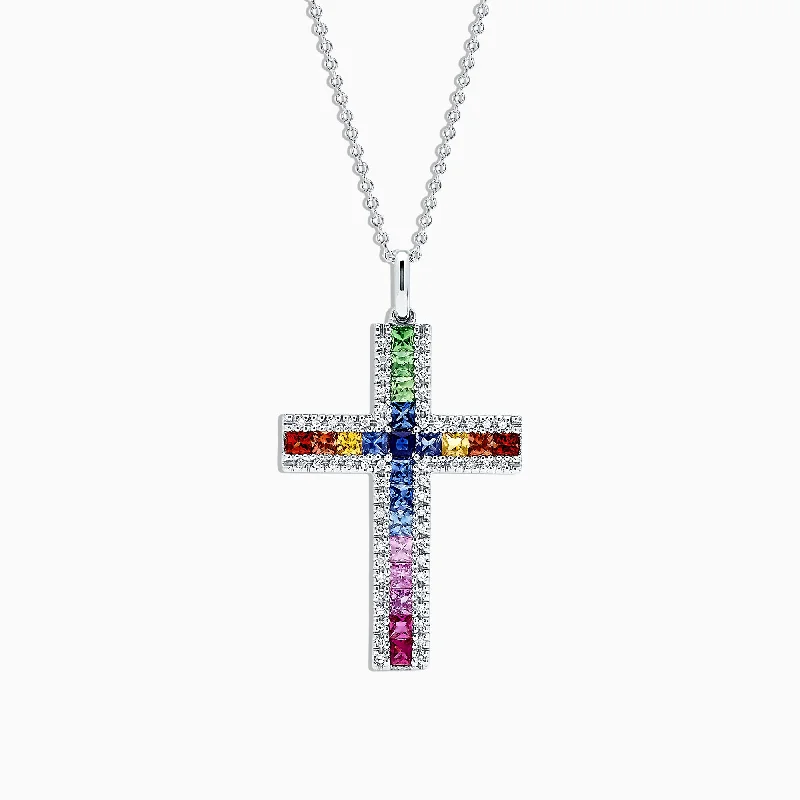 silver pendant necklace with gemstone charm-Watercolors 14K Gold Multi Sapphire & Diamond Cross Pendant, 2.63 TCW