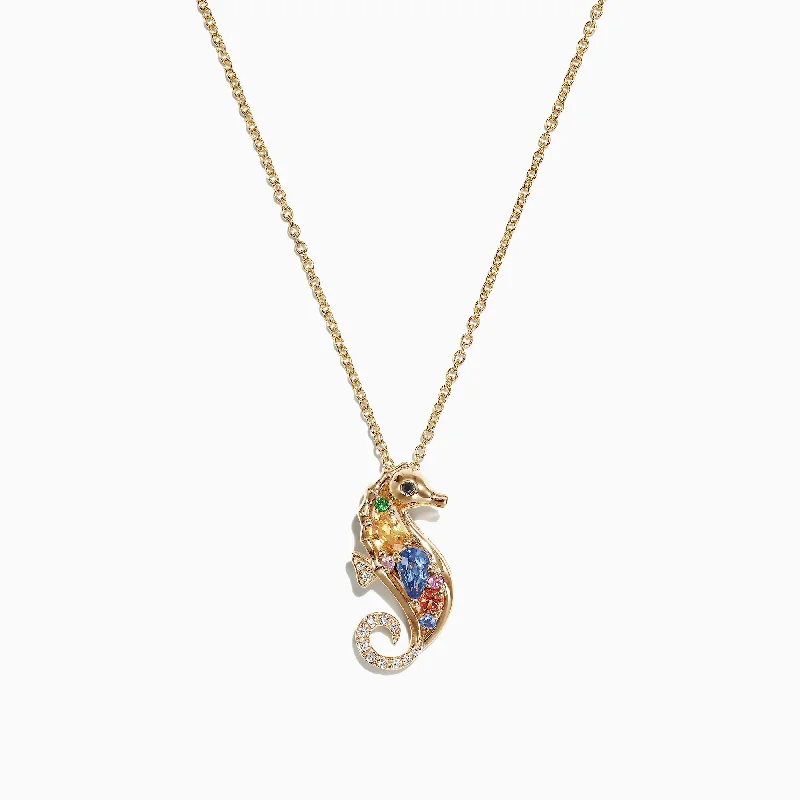 gold custom pendant necklace with gemstone for him-Watercolors 14K Gold Multi Sapphire Diamond Seahorse Pendant, 0.71 TCW