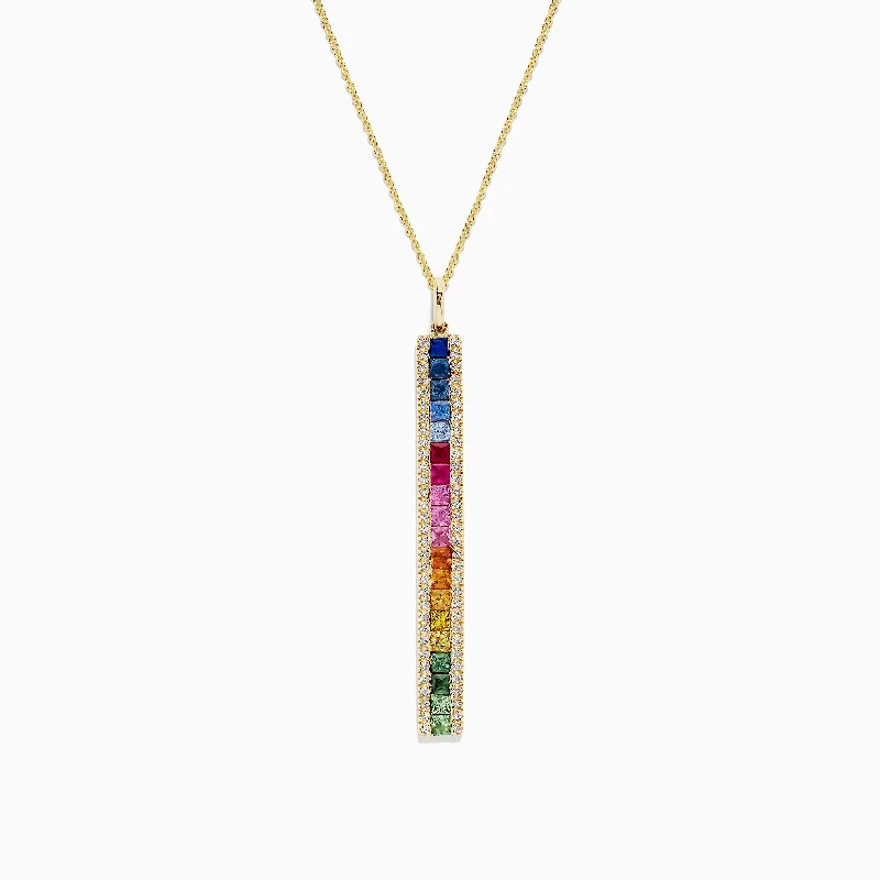 engraved family charm pendant necklace-Watercolors 14K Gold Sapphire and Diamond Vertical Pendant, 2.06 TCW