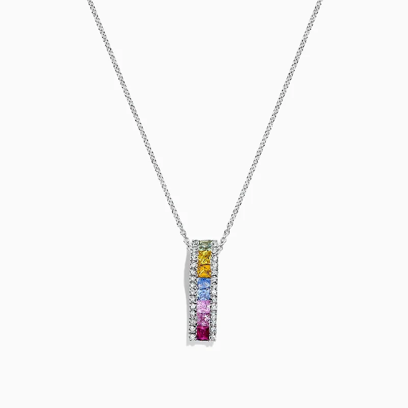 custom nameplate necklace with birthstone-Watercolors 14K White Gold Multi Sapphire & Diamond Pendant, 1.17 TCW