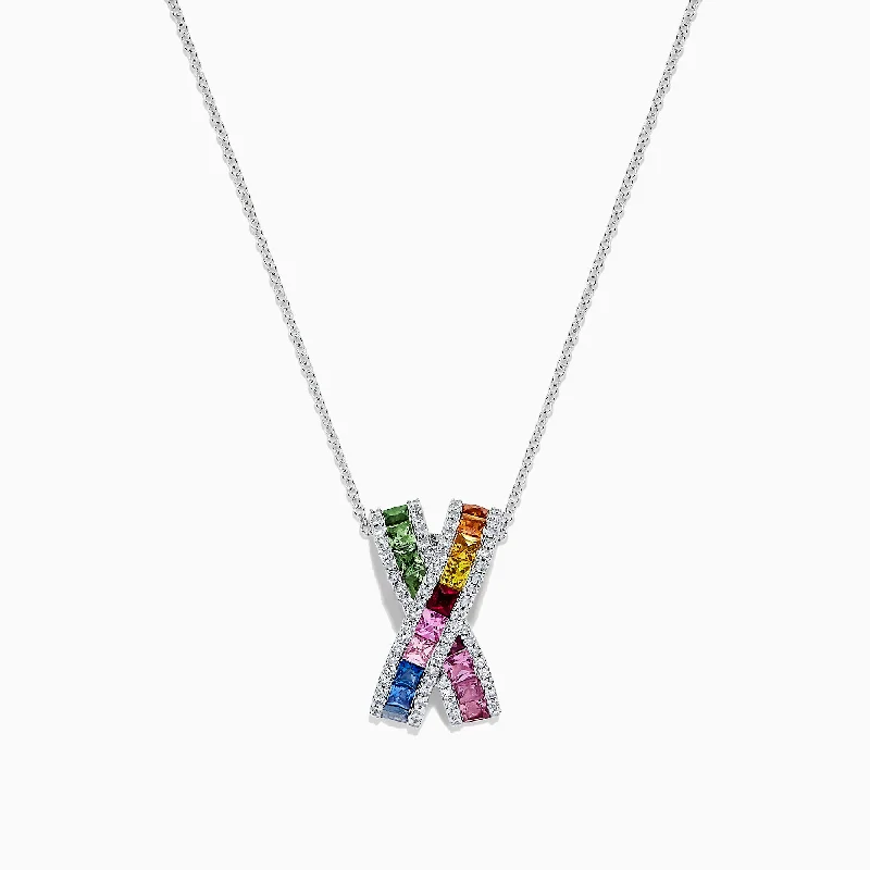 personalized engraved pendant necklace for boyfriend-Watercolors 14K White Gold Multi Sapphire & Diamond Pendant, 2.21 TCW