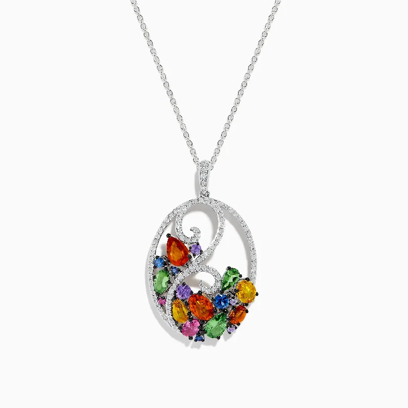 personalized silver pendant necklace for anniversary-Watercolors 14K White Gold Multi Sapphire & Diamond Pendant, 3.96 TCW