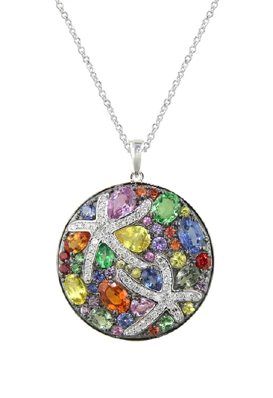 gold pendant necklace with unique engraving-Watercolors 14K White Gold Multi Sapphire & Diamond Pendant, 5.71 TCW