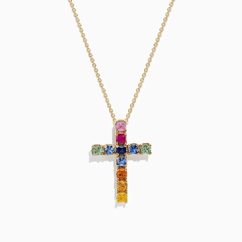 custom crystal pendant necklace for couples-Watercolors 14K Yellow Gold Multi Sapphire Cross Pendant, 2.05 TCW