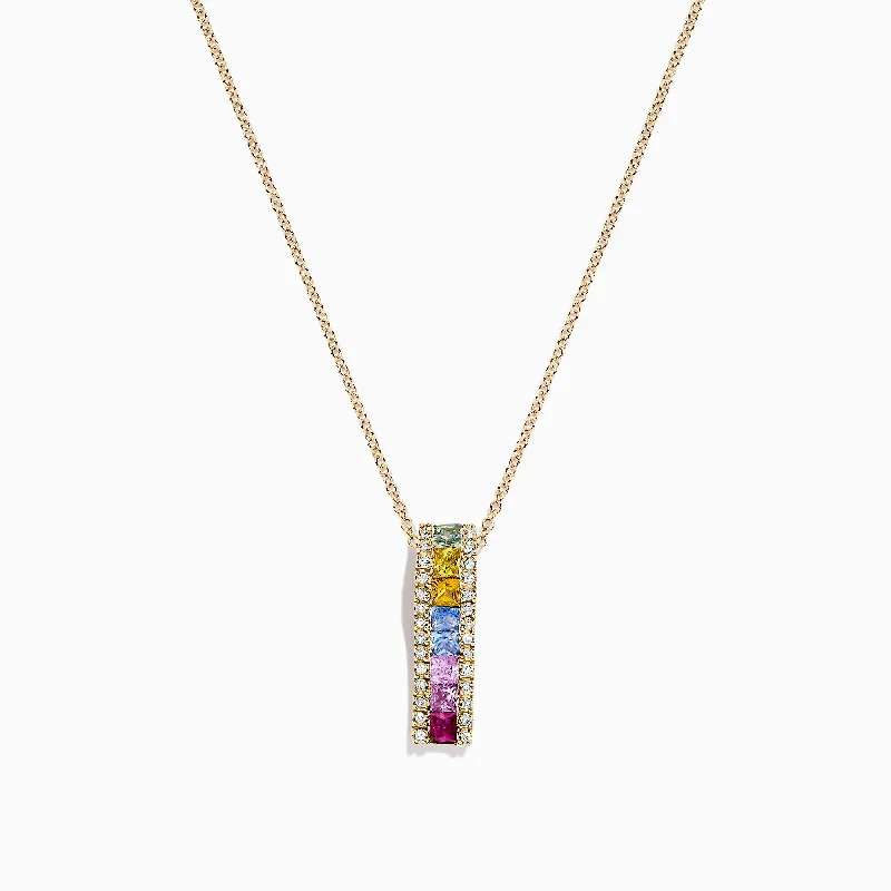 silver infinity bar necklace with custom engraving-Watercolors 14K Yellow Gold Multi Sapphire & Diamond Pendant, 1.17 TCW