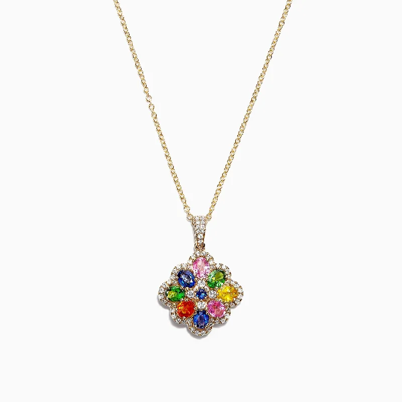 personalized silver pendant necklace with birthstone-Watercolors 14K Yellow Gold Multi Sapphire & Diamond Pendant, 1.85 TCW