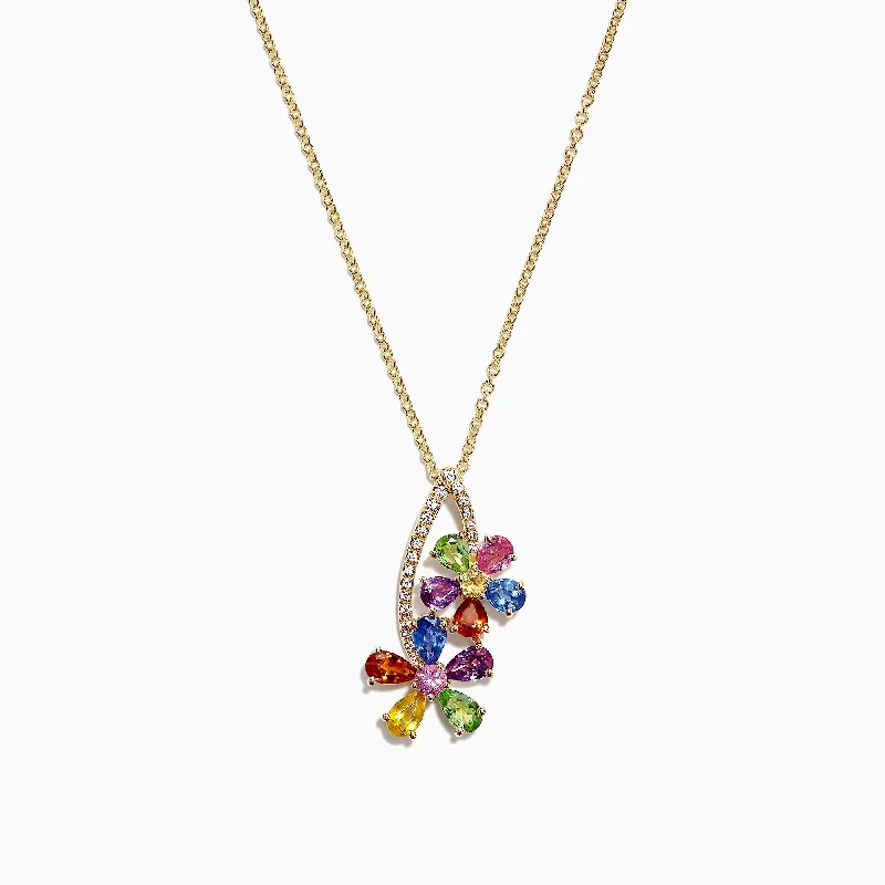 unique silver pendant necklace with engraving-Watercolors 14K Yellow Gold Multi Sapphire & Diamond Pendant, 2.71 TCW