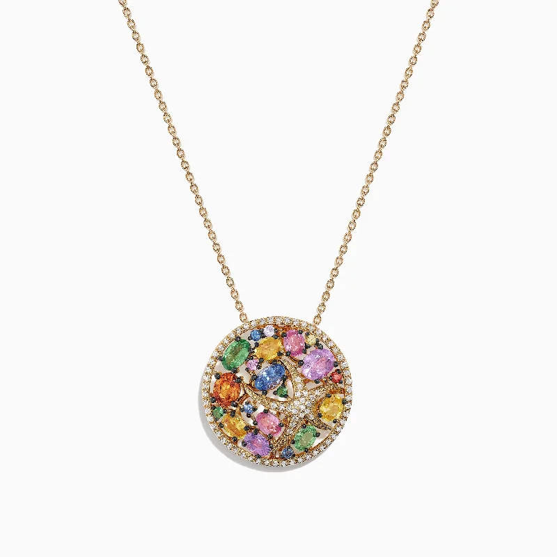 custom circle pendant necklace for her-Watercolors 14K Yellow Gold Multi Sapphire & Diamond Pendant, 3.58 TCW