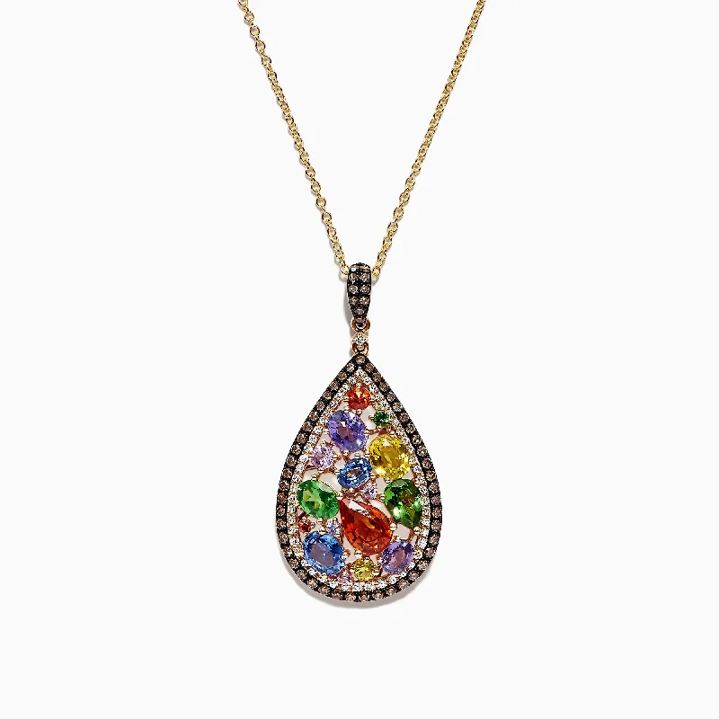 custom pendant necklace with gemstone and engraving-Watercolors 14K Yellow Gold Multi Sapphire & Diamond Pendant, 4.21 TCW