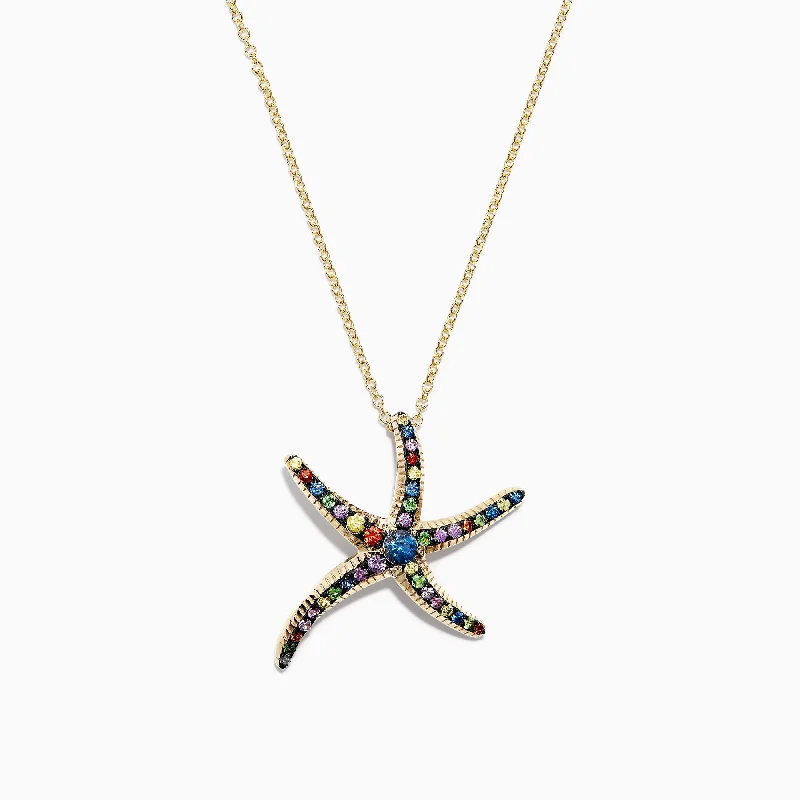 custom crystal pendant necklace with name engraving-Watercolors 14K Yellow Gold Multi Sapphire Starfish Pendant, 0.80 TCW