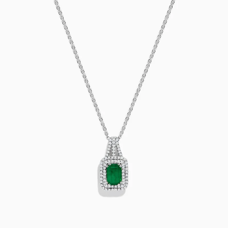 gold custom pendant necklace with gemstone for him-14K White Gold Emerald & Diamond Pendant, 1.25 TCW