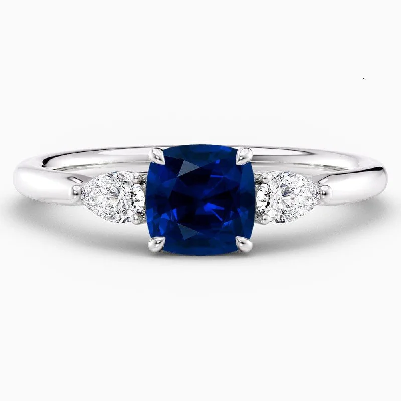 women’s engagement rings with cushion-cut diamonds and rubies-1.40 Carat Cushion Shape Three Stone Blue Sapphire Engagement Ring