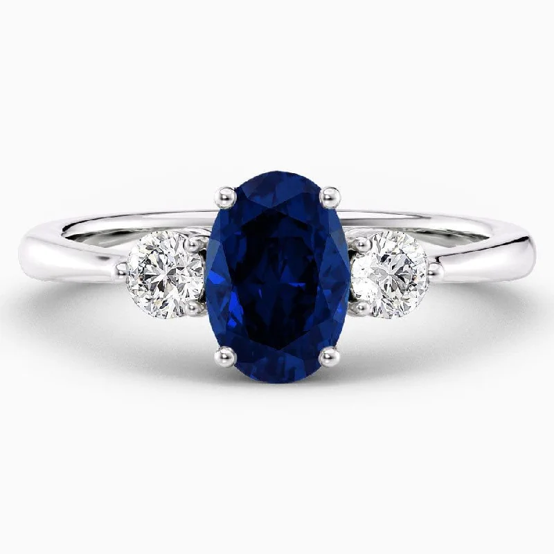 engagement rings with square sapphires and diamonds-1.80 Carat Oval Shape Three Stone Blue Sapphire Engagement Ring