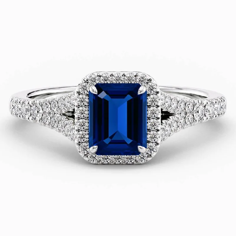 women’s rings with custom-designed sapphires and diamonds-1.90 Carat Emerald Shape Halo Blue Sapphire Engagement Ring