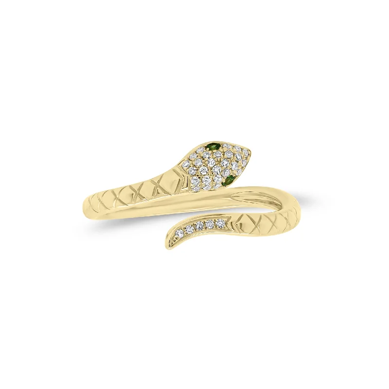 engagement rings with radiant sapphires and diamond bands-Emerald & Diamond Snake Ring