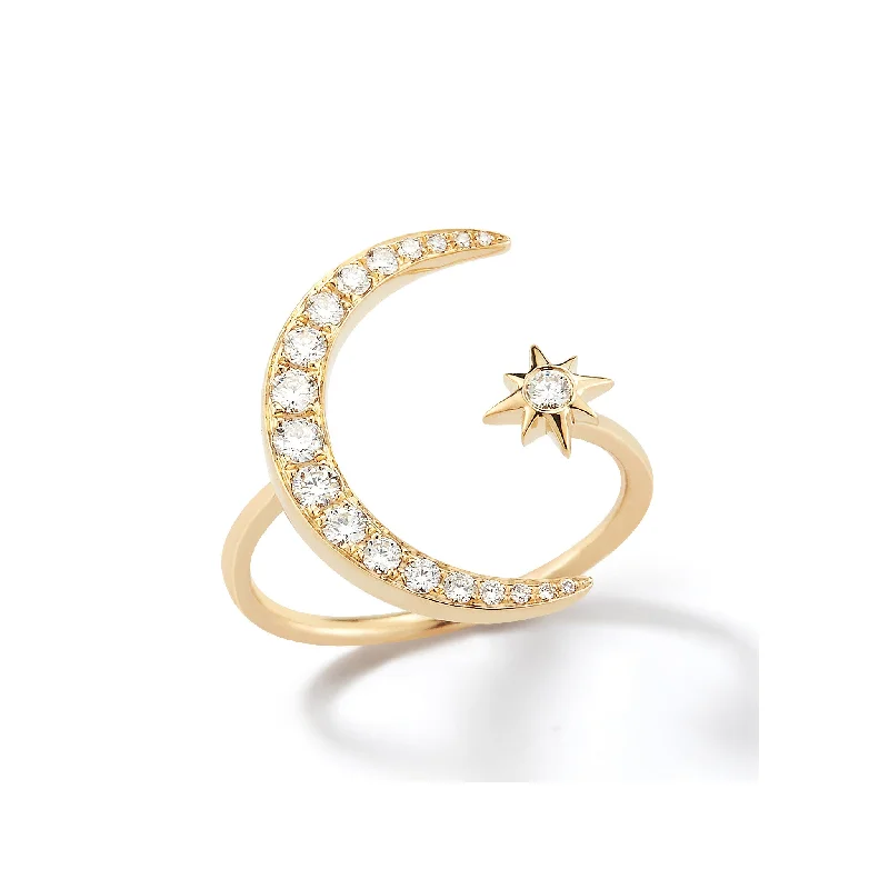 women’s engagement rings with vintage sapphires and diamonds-Crescent Moon and Star Diamond Ring