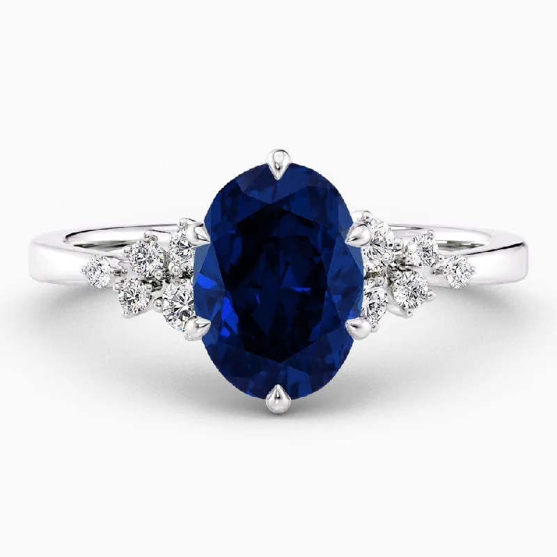 engagement rings with radiant sapphires and diamonds-2.20 Carat Oval Shape Snowdrift Blue Sapphire Engagement Ring