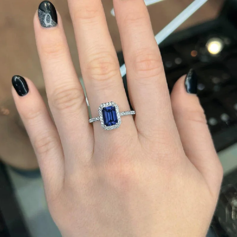 men’s wedding rings with emerald-cut sapphires and diamonds-2.40 Carat Emerald Shape Halo Blue Sapphire Engagement Ring