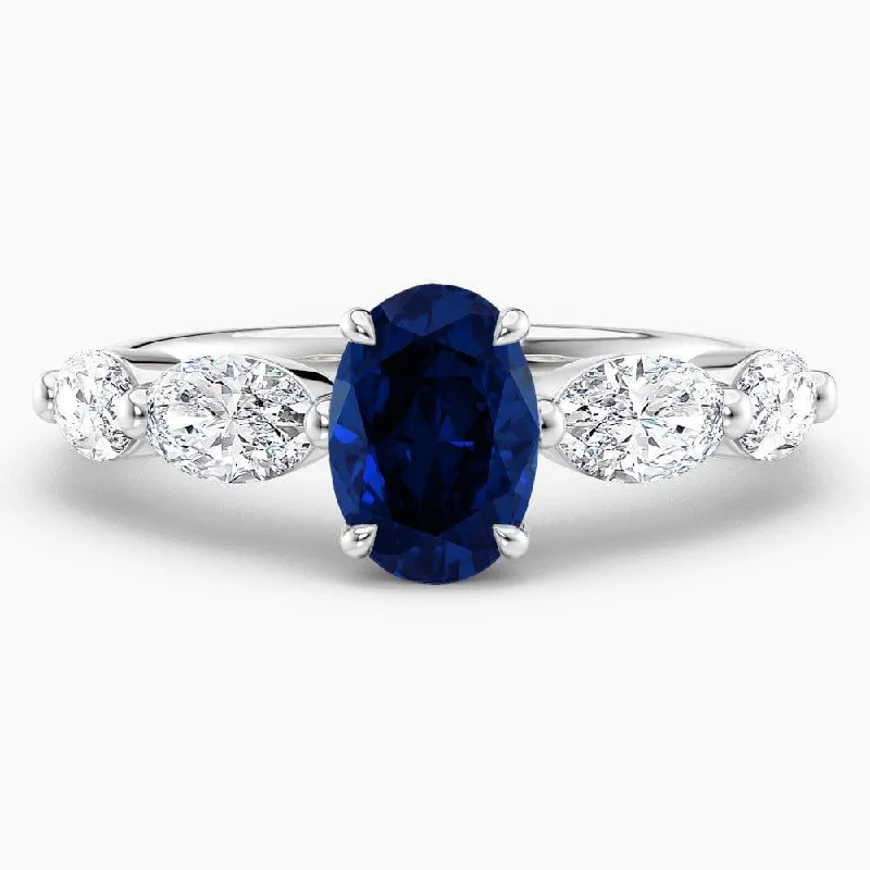 women’s wedding rings with sapphire and emerald center stones-2.50 Carat Oval Shape Shared Prong Blue Sapphire Engagement Ring