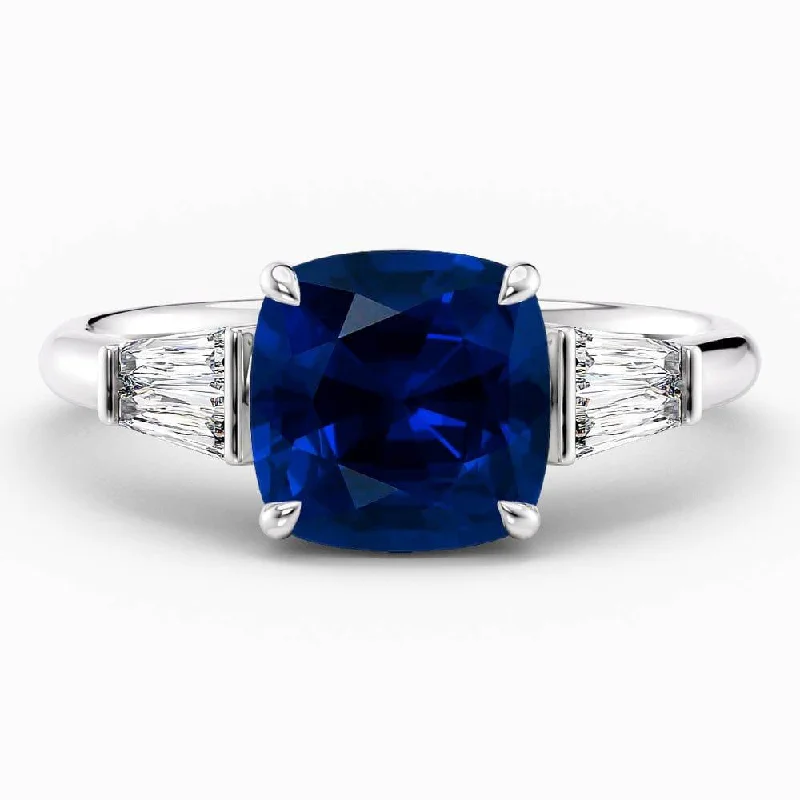 women’s engagement rings with round sapphires and diamonds-3.50 Carat Cushion Shape Unique Three Stone Blue Sapphire Engagement Ring