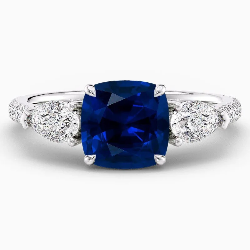 women’s wedding rings with diamond and sapphire pave bands-3 Carat Cushion Shape Three Stone Blue Sapphire Engagement Ring